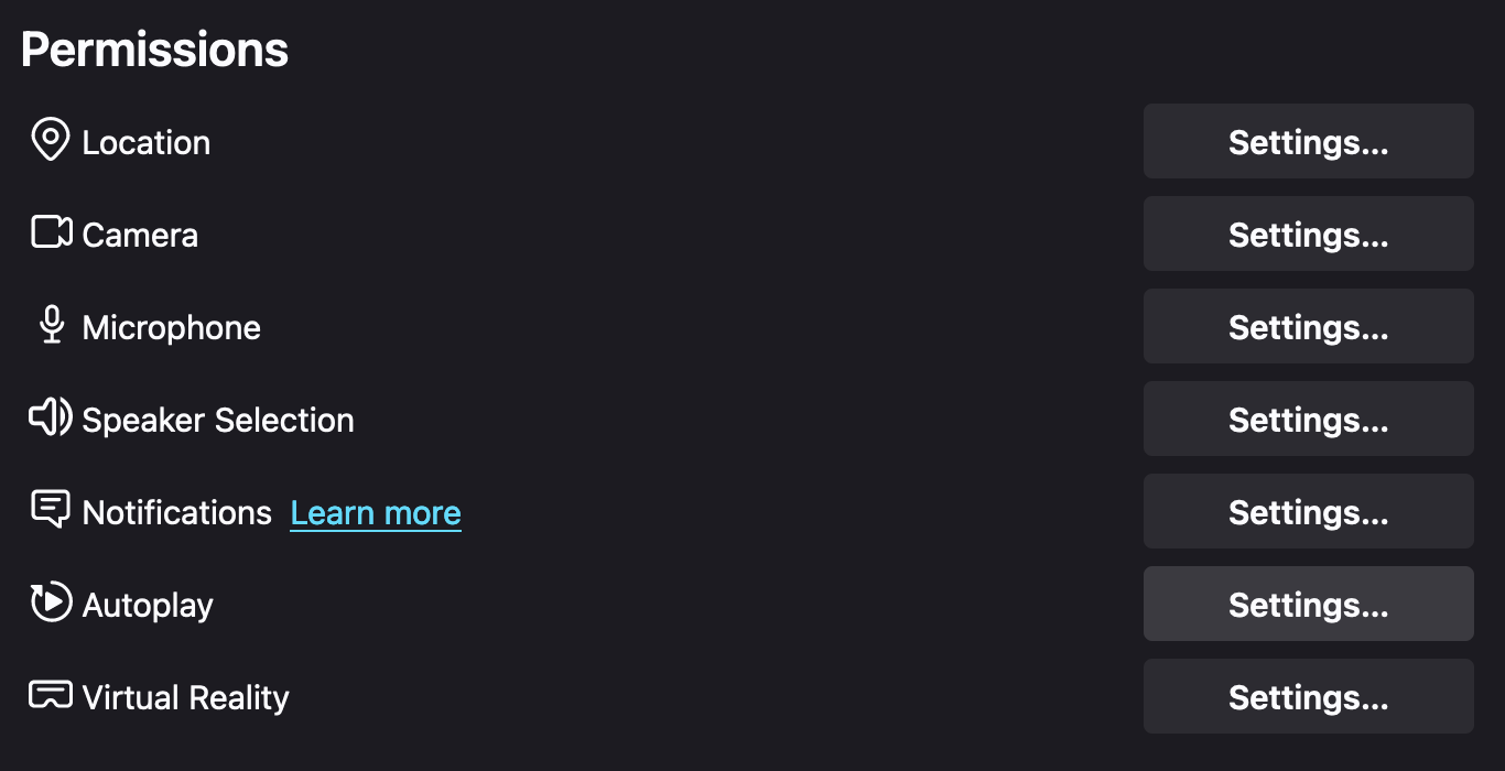 permissions section, in privacy and security